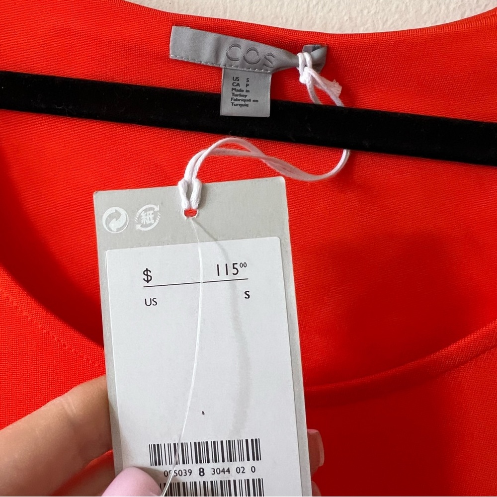 COS red orange midi dress size S short sleeve round neck asymmetrical C8 - Picture 2 of 5